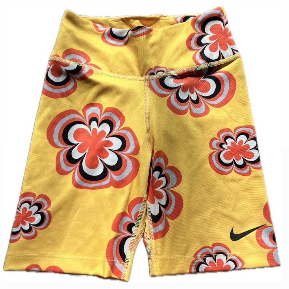 Nike Womens Recreation Club Groovy Floral Bike Shorts Size XS Yellow Orange Mod